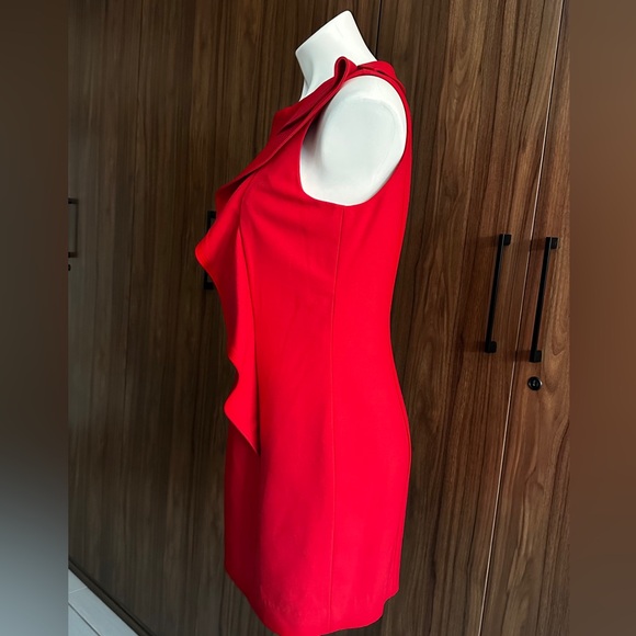 Calvin Klein Red Formal Classy Midi Length Sheath Fitted Ruffle Front Size 8 - Picture 5 of 11